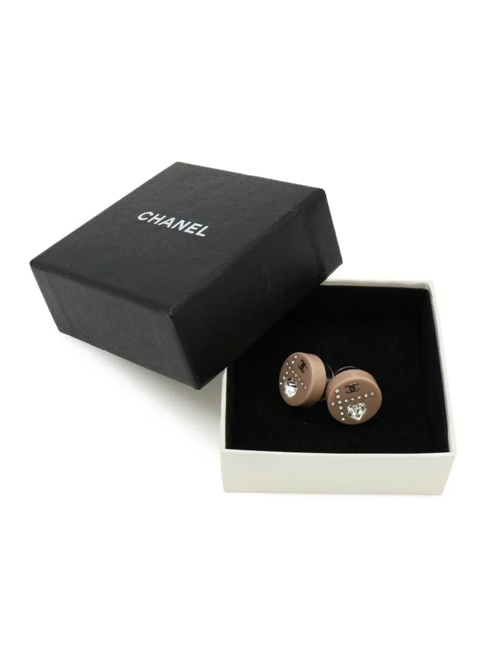 Chanel 04A CC Logo Earrings Round Rhinestone Heart Stone Plastic Metal Dusty
